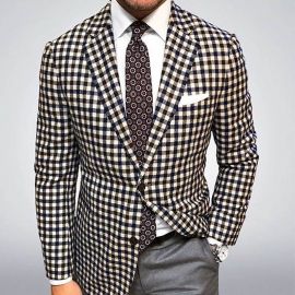Single row two button plaid long sleeve suit coat