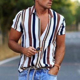 Vertical stripe short sleeve casual shirt