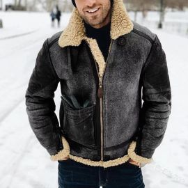 Men's imitation leather velvet short belt buckle lapel coat