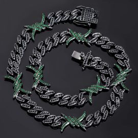 10mm Emerald & Black Iced Cuban Barb Wire Chain in Black Gold