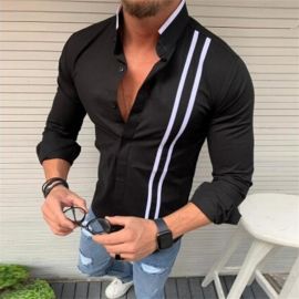 Vertical stripe collar button long sleeve shirt