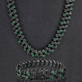 14mm Emerald & Black Iced Cuban Spiked Chain and Bracelet Set in Black Gold