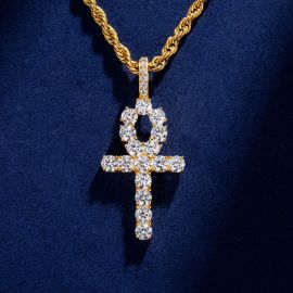 S925 Sterling Silver Moissanite Ankh Pendant in 18K Gold Plated