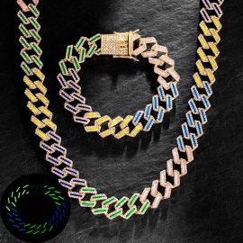 15mm Iced Glow in the Dark Multi-Color Enamel Miami Cuban Chain and Bracelet Set