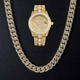 Iced 13mm Cuban Chain & Baguette Cut Watch Set in Gold