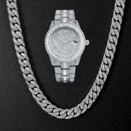 Iced 13mm Cuban Chain & Baguette Cut Watch Set in White Gold