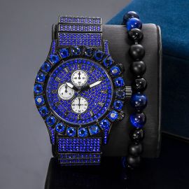 Iced Sapphire Round Cut Watch+Blue Tiger Eye Pearl Bracelet Set