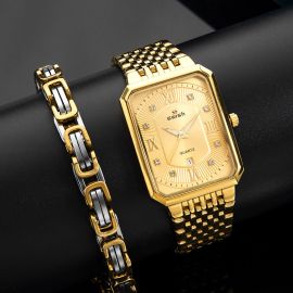 Rectangle Waterproof Quartz Watch+Byzantine Bracelet Set