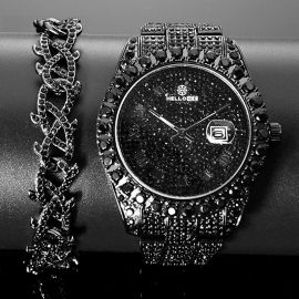 Iced Roman Numerals Watch+12mm Crown of Thorns Bracelet Set in Black Gold