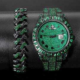 Iced Emerald Roman Numerals Watch+14mm Emerald & Black Iced Cuban Spiked Bracelet Set