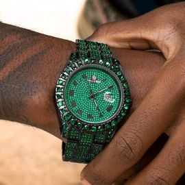 Iced Emerald Roman Numerals Watch+14mm Emerald & Black Iced Cuban Spiked Bracelet Set