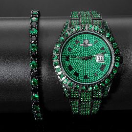 Iced Emerald Roman Numerals Watch+5mm Emerald & Black Tennis Bracelet Set