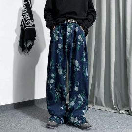 Men's Korean Style Retro Floral Oversize Straight Jeans