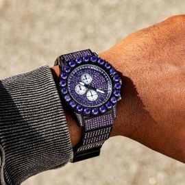 Purple Round Cut Luminous Men's Watch+15mm Cuban Bracelet Set in Black Gold