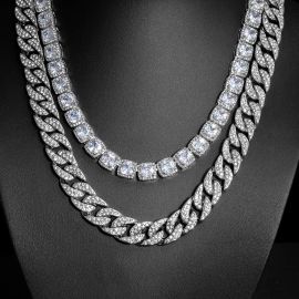 Iced 13mm Cuban Chain+10mm Clustered Tennis Chain Set in White Gold