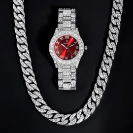 Iced 13mm Cuban Chain+Iced Red Watch Set in White Gold