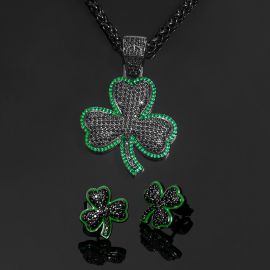 Iced Emerald & Black Stones Clover Pendant+Enamel Clover Earrings Set