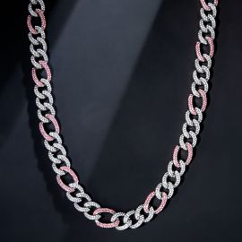13mm Pink Iced Figaro Chain in White Gold
