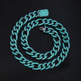 13mm Mint Emerald Iced Figaro Chain in Black Gold