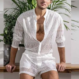 Solid Color Stand Collar Shirt+Lace Shorts