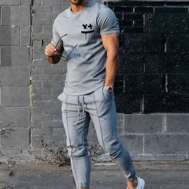 Spring And Summer Men's Short-sleeved T-shirt + Solid Color Sports Pants Two-piece Set