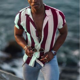 New Men's Beach Casual Short Sleeve Striped Shirt