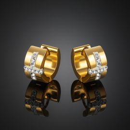 Iced Inverted Cross Steel Hoop Earrings in Gold