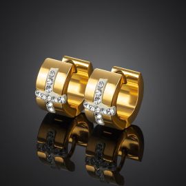 Iced Inverted Cross Steel Hoop Earrings in Gold
