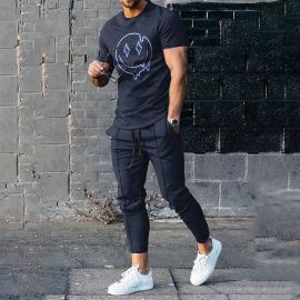 Smiley Face Printed Men's Short-sleeved T-shirt + Solid Color Trousers Sports Two-piece Set