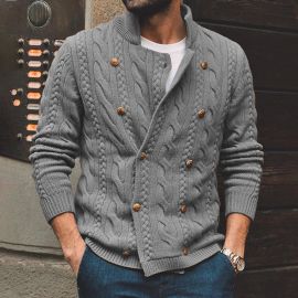 Solid Color Half Mock Neck Double Breasted Cardigan