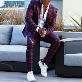Plaid Single Breasted Blazer+Red Plaid Slim Fit Casual Pants Two-piece Sets
