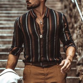 Men's Striped Slim Lapel Long Sleeve Shirt