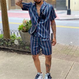 Men's Fashion Contrast Striped Shirt Two-Piece Set