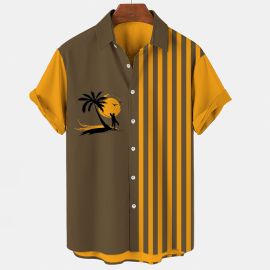 Vacation Palm Sunset Stripe Print Shirt