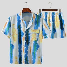 Men's Casual Beachwear Striped Printed Shirt Two-Piece Set