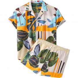 Men's Casual Loose Beachwear Leaf Print Shirt Set