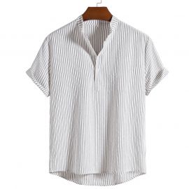 Men's Stand Collar Striped Short Sleeve Shirt