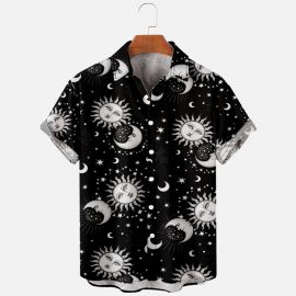 Fashion Retro Moon Star Print Men's Short Sleeve Shirt