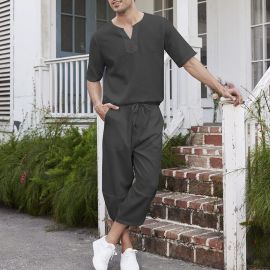 Men's V-neck Shirt + Capri Pants Casual Two-piece Set