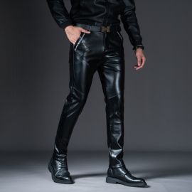 Men's Stretch Fit Lettered Leather Pants
