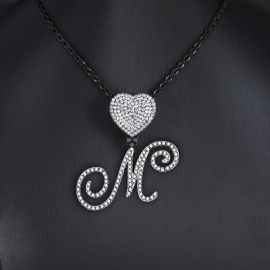 Iced Love Buckle Cursive Initial Letter Pendant in Black Gold