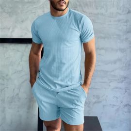 Men's Round Neck Pitted Knitted T-shirt + Slim Shorts Sports Suit