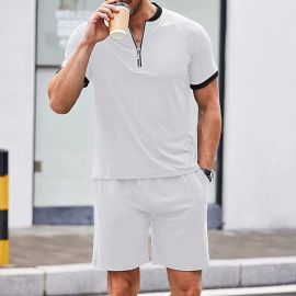 Men's Stand Collar Zipper Short Sleeve Polo Shirt + Shorts Sports 2-Piece Set