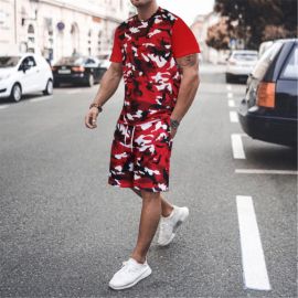 Round Neck Printed Short Sleeve + Camouflage Shorts Sports Two-piece Suit