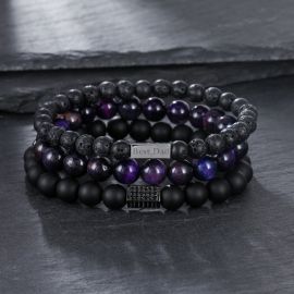 3pcs Personalized Engraved Black Frosted Tiger Eye Volcanic Beads Bracelet