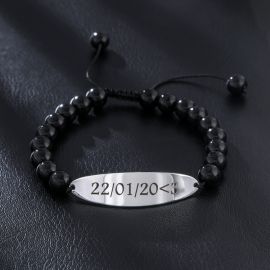 Personalized Engraved Stainless Steel Black Obsidian Beads Bracelet