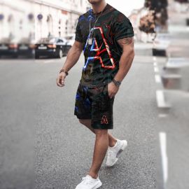 Printed Short-sleeved T-shirt + Lace-up Shorts Sports Two-piece Suit