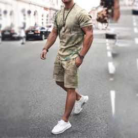 Printed Short-sleeved T-shirt + Lace-up Shorts Sports Two-piece Suit