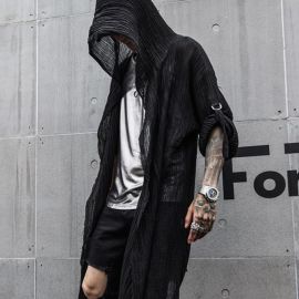 Men's Pleated Black Hooded Cardigan