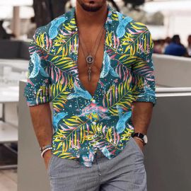 Tropical Floral Print Long Sleeve Resort Shirt